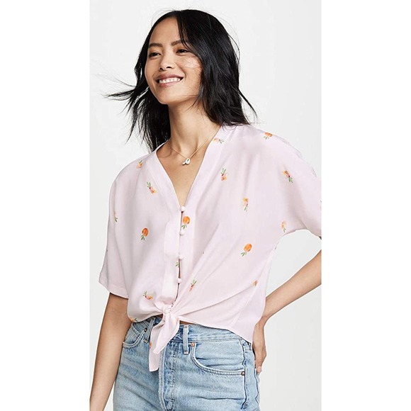 Rails Thea Peach Fruit Print Tie Waist Silk Button Front V-Neck Blouse Top XS - Picture 7 of 7